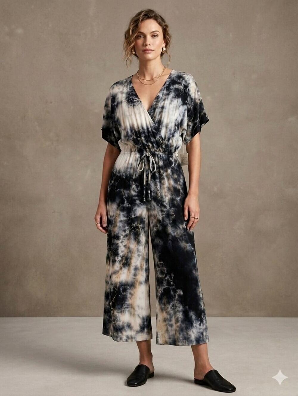 RIVER + SKY "Vacay Vibes" Romper Jumpsuit Black/Grey/White Tie & Dye Size S NWT